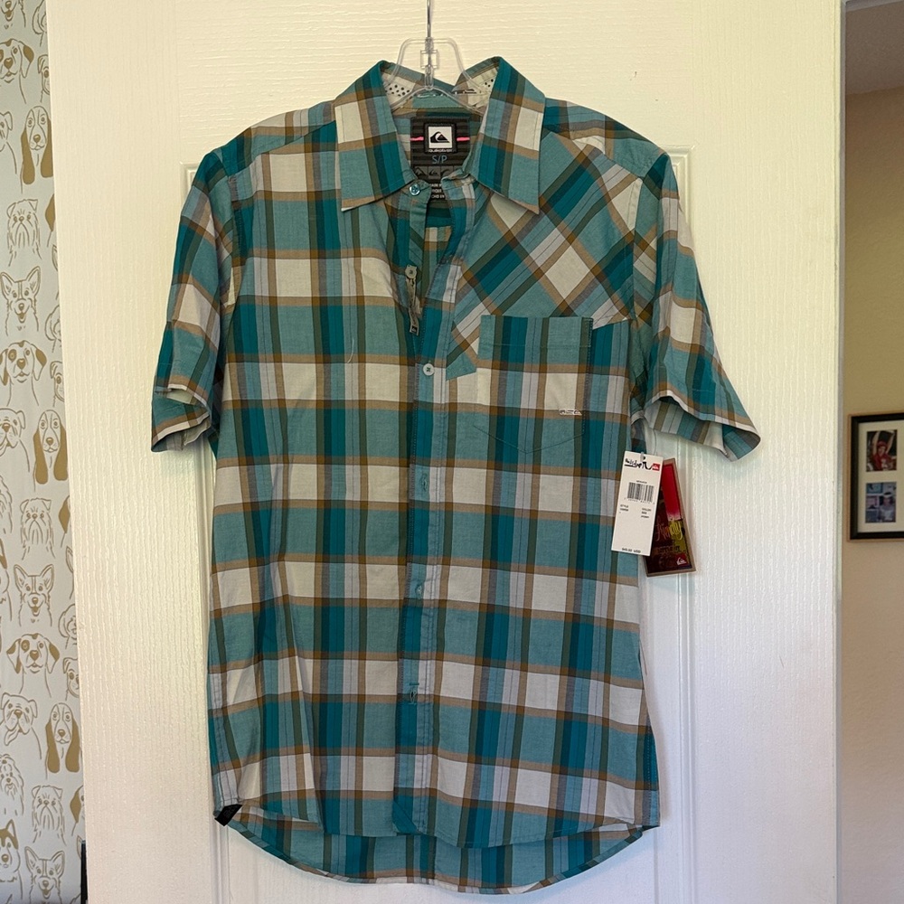 Quiksilver Men's Blue and Tan Plaid Shirt